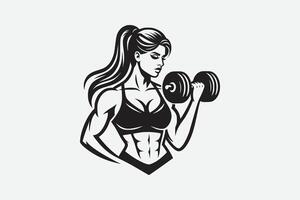 Fitness girl silhouette logo with girl lifting a dumbbell, muscle girl vector
