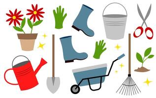 Garden tools on a white background. Shovel, rake, boots, gloves, watering can, bucket, scissors, flowers vector