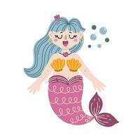 Little mermaid illustration. Cute swimming girl with a fish tail, a swimsuit made of sea shells. A funny ocean fairy sings a song. Hand drawn doodle, siren with bubbles. Cartoon clipart vector
