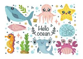 Sea animals set. Ocean life - blue whale, seahorse, baby shark, funny starfish, octopus, cute crab. Underwater creatures among algae, shells, bubbles. Hand drawn marine doodle, cartoon clipart vector