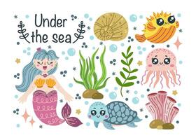 Sea life set. Ocean creatures - cute turtle, little mermaid, puffer fish, funny jellyfish. Underwater animals on the seabed among seaweed, corals, shells, starfish. Hand drawn marine clipart vector