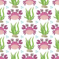Cute sea crab seamless pattern. Funny aquatic animal in a shell, with claws. Friendly ocean creature swims among seaweed, bubbles. Hand drawn ocean pet. Marine life background for babies, kids vector