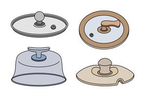 Lids icon set. Simple kitchen covers made of stainless steel, iron, ceramics, wood, plastic. Round caps with holes for steam. Tableware for cafes, dining, restaurant. Hand drawn cooking clipart vector