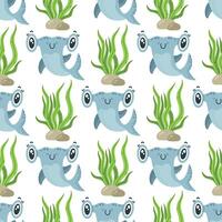 Baby shark seamless pattern. A funny wild hammerhead swims among the reef seaweed. Cute underwater animal on the seabed. Cartoon ocean fish smiles, waves its fin. Marine background for kids vector
