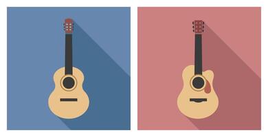 Set of guitar icon with long shadows. Classical guitar and acoustic guitar colored icons flat illustration isolated on white background. Simple icon for studio web, app, branding vector