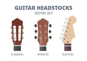 Guitar headstock illustration set. Classical guitar, acoustic guitar, electric guitar. Types of headstock illustration isolated on white background. Tuning pegs, tuners vector