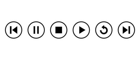 Pause, stop, play, replay, previous, and next track icon on circle line vector