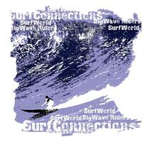 Art of surfer silhouette going down giant wave. Art in a worn style with missing features. Illustration for print on t-shirts, posters, etc... vector