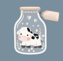 Art in a delicate and childish cartoon style of a baby cow inside a bottle of milk. vector