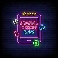 social media day neon Sign on brick wall background vector