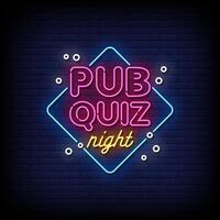 pub quiz night neon Sign on brick wall background vector