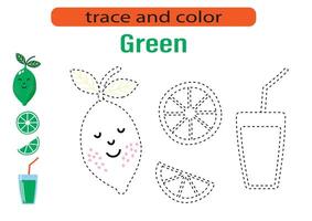 Handwriting practice for kids. Draw lines for kids. Tracing and coloring, fruits and berries. EPS10 vector