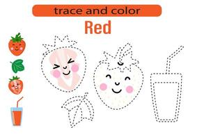 Handwriting practice for kids. Draw lines for kids. Tracing and coloring, fruits and berries. EPS10 vector