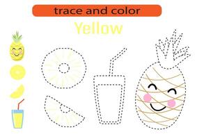 Handwriting practice for kids. Draw lines for kids. Tracing and coloring, fruits and berries. EPS10 vector