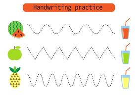 Handwriting practice for kids. Draw lines for kids. Tracing and coloring, fruits and berries. EPS10 vector