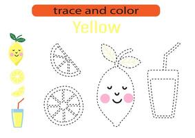 Handwriting practice for kids. Draw lines for kids. Tracing and coloring, fruits and berries. EPS10 vector