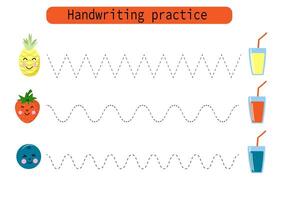 Handwriting practice for kids. Draw lines for kids. Tracing and coloring, fruits and berries. EPS10 vector