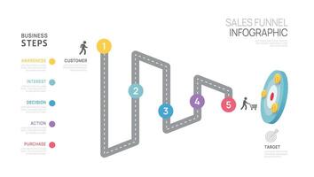 Infographic Sales funnel diagram template for business. Modern Timeline 5 step level, digital marketing data, presentation vector