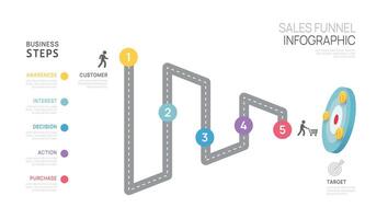 Infographic Sales funnel diagram template for business. Modern Timeline 5 step level, digital marketing data, presentation vector