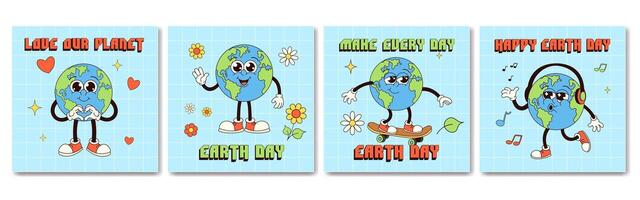 Earth day cards set. Earth groovy characters in trendy retro style vector