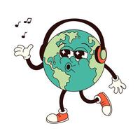 Earth music character in trendy retro groovy style. Earth Day. Illustration for card, poster, banner, web vector