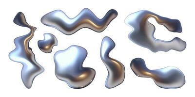 3d abstract liquid wave, chrome metal elements set. Y2K style. vector