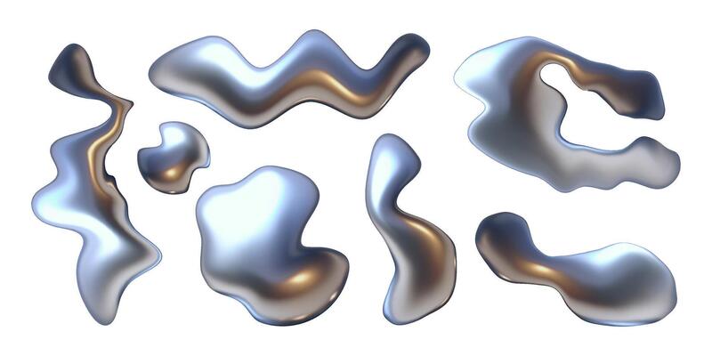 3d abstract liquid wave, chrome metal elements set. Y2K style.