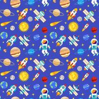 seamless pattern with cartoon astronaut, planet, satellite, Earth, moon, sun vector