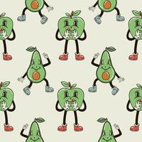 A seamless pattern with funny, cute and smiling apple and avocado character in a groovy style vector