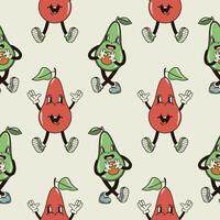 A seamless pattern with funny, cute and smiling pear and avocado character in a groovy style vector