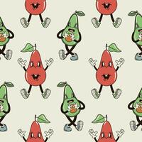 A seamless pattern with funny, cute and smiling pear and avocado character in a groovy style vector