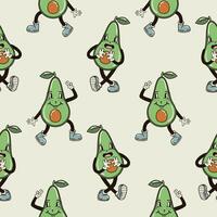 A seamless pattern with funny, cute and smiling avocado character in a groovy style vector