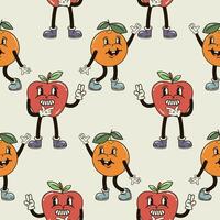 A seamless pattern with funny, cute and smiling apple and orange character in a groovy style vector