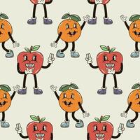 un sin costura modelo con divertido, linda y sonriente manzana y naranja personaje en un maravilloso estilo vector