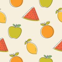 verano brillante sin costura modelo con un pedazo de sandía, naranja, manzana y limón vector