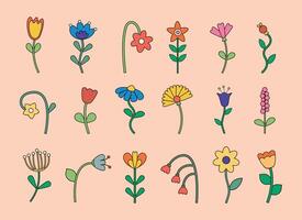 Set of groovy hippie flowers in retro style. Vintage hand drawn funky flowers vector