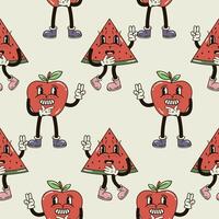 A seamless pattern with funny, cute and smiling apple and watermelon character in a groovy style vector
