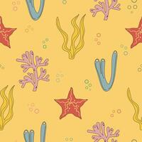 Summer bright seamless pattern with algae, corals, marine plants on the yellow background vector