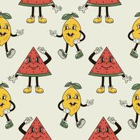 A seamless pattern with funny, cute and smiling lemon and watermelon character in a groovy style vector