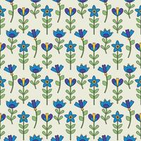 Blue seamless pattern of groovy hippie flowers in retro style vector