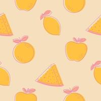 verano amarillo y rosado sin costura modelo con un pedazo de sandía, naranja, manzana y limón vector