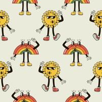 A seamless pattern with funny, cute sun and rainbow character in a groovy style vector