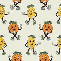 A seamless pattern with funny, cute and smiling lemon and orange character in a groovy style vector