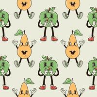 A seamless pattern with funny, cute and smiling apple and pear character in a groovy style vector