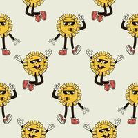 A seamless pattern with funny, cute and smiling sun character in a groovy style vector