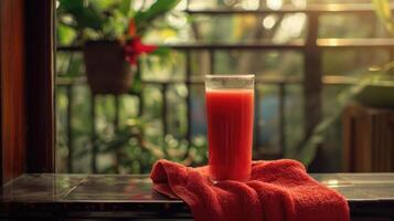 red towel and glass of juice photo