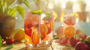 Summer drinks on wooden table. Ice team with fruits. photo