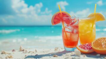 Refreshing summer drink with beach backdrop. photo