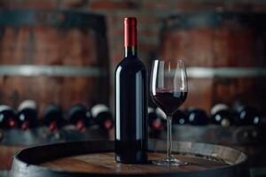 Red wine bottle and glass on wooden barrel. photo