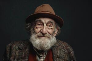 elegante hipster abuelo sonrisas para cámara en oscuro ajuste. foto